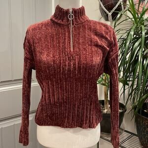 Pink Rose Burgundy Maroon Chenille Quarter Zip Pullover Sweater Size M
